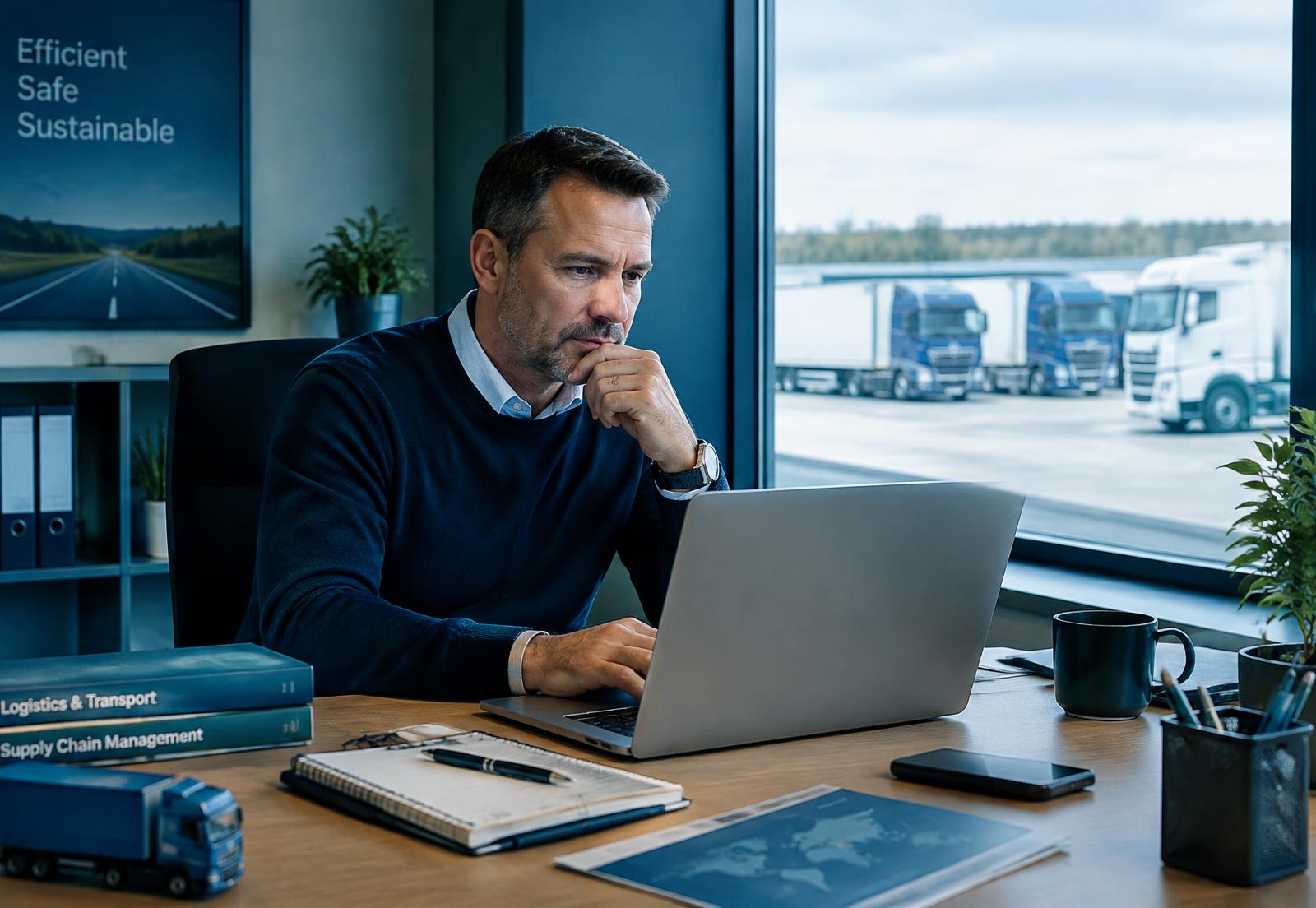Transportunternehmer bereitet sich am Laptop auf die IHK-Prüfung vor